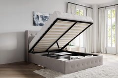 T2162 - Beige Fabric Platform Bed w/ Hydraulic Lift Storage