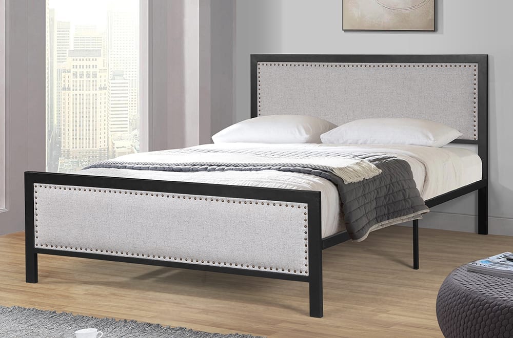 T-2206 Light Grey Linen Platform Bed w/ Nailhead Detail