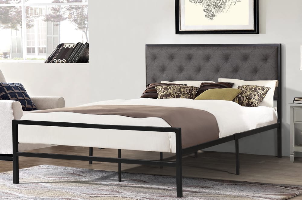 T-2208B Black Metal Platform Bed w/ Grey Fabric Headboard