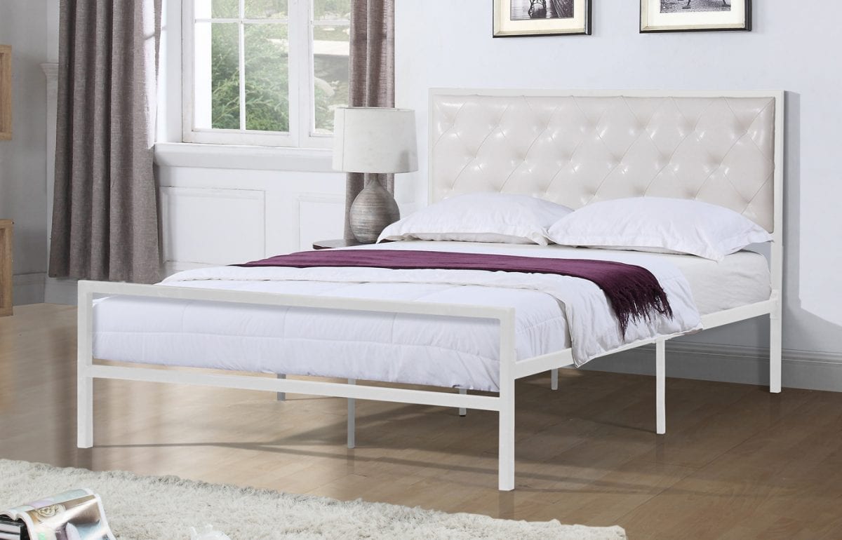 T-2208W White Metal Platform Bed w/ White PU Headboard