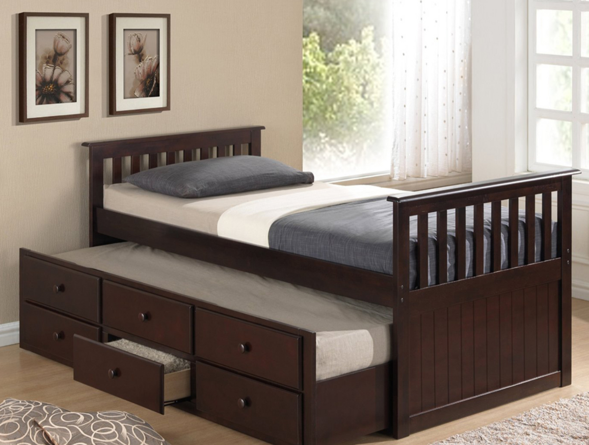 IF-314E Espresso Wood Trundle Bed w/ Pull Out Bed & Storage Drawers