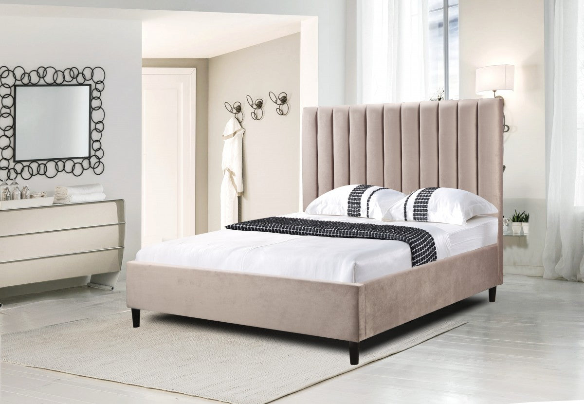 BR360 - Beige Velvet Platform Bed w/ Hydraulic Lift Storage