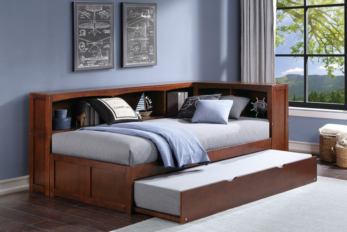 Rowe Cherry Wood Trundle Bed w/ Pull Out Bed & Bookcase