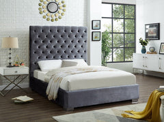 IF-5630 Grey Velvet Platform Bed w/ Chrome Feet