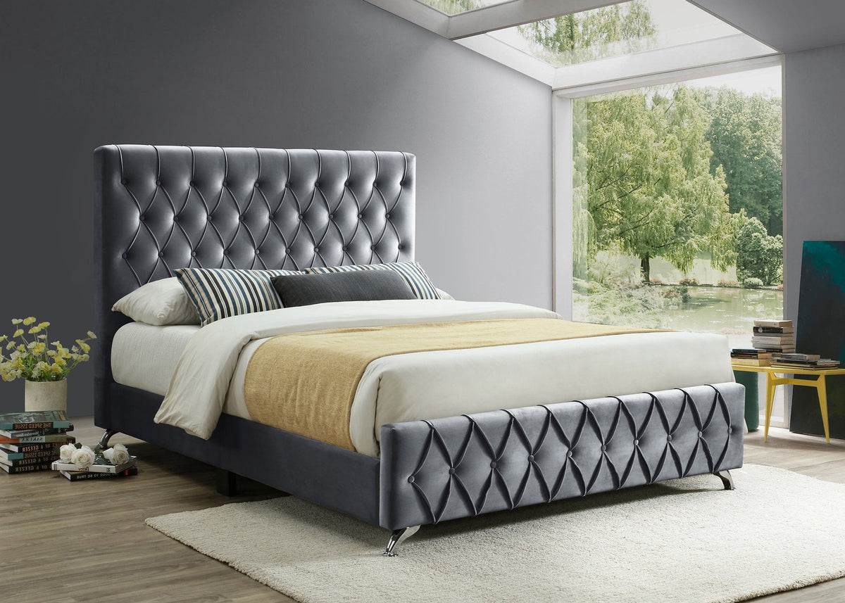 IF-5670 Grey Velvet Platform Bed w/ Chrome Feet