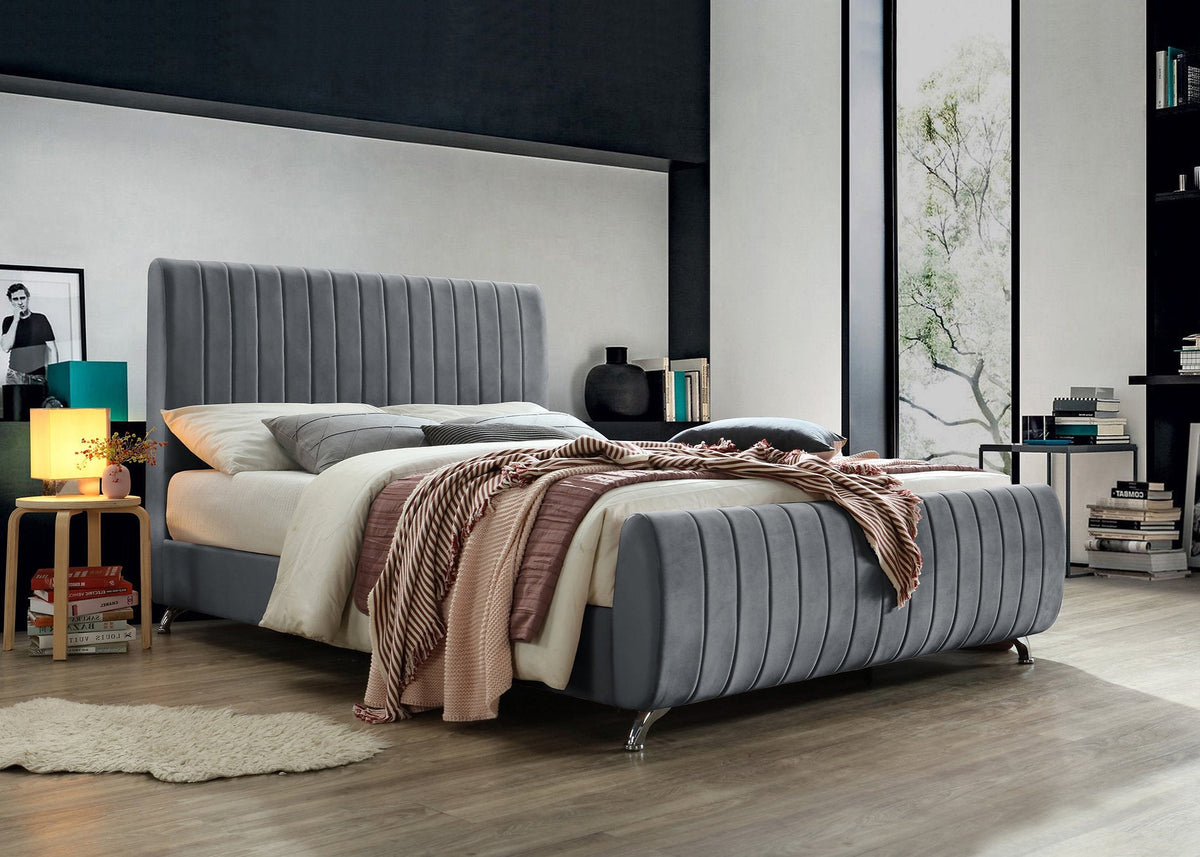 IF-5675 Grey Velvet Platform Bed w/ Chrome Feet