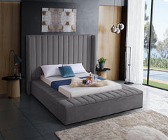 IF-5720 Grey Velvet Platform Bed w/ Benches