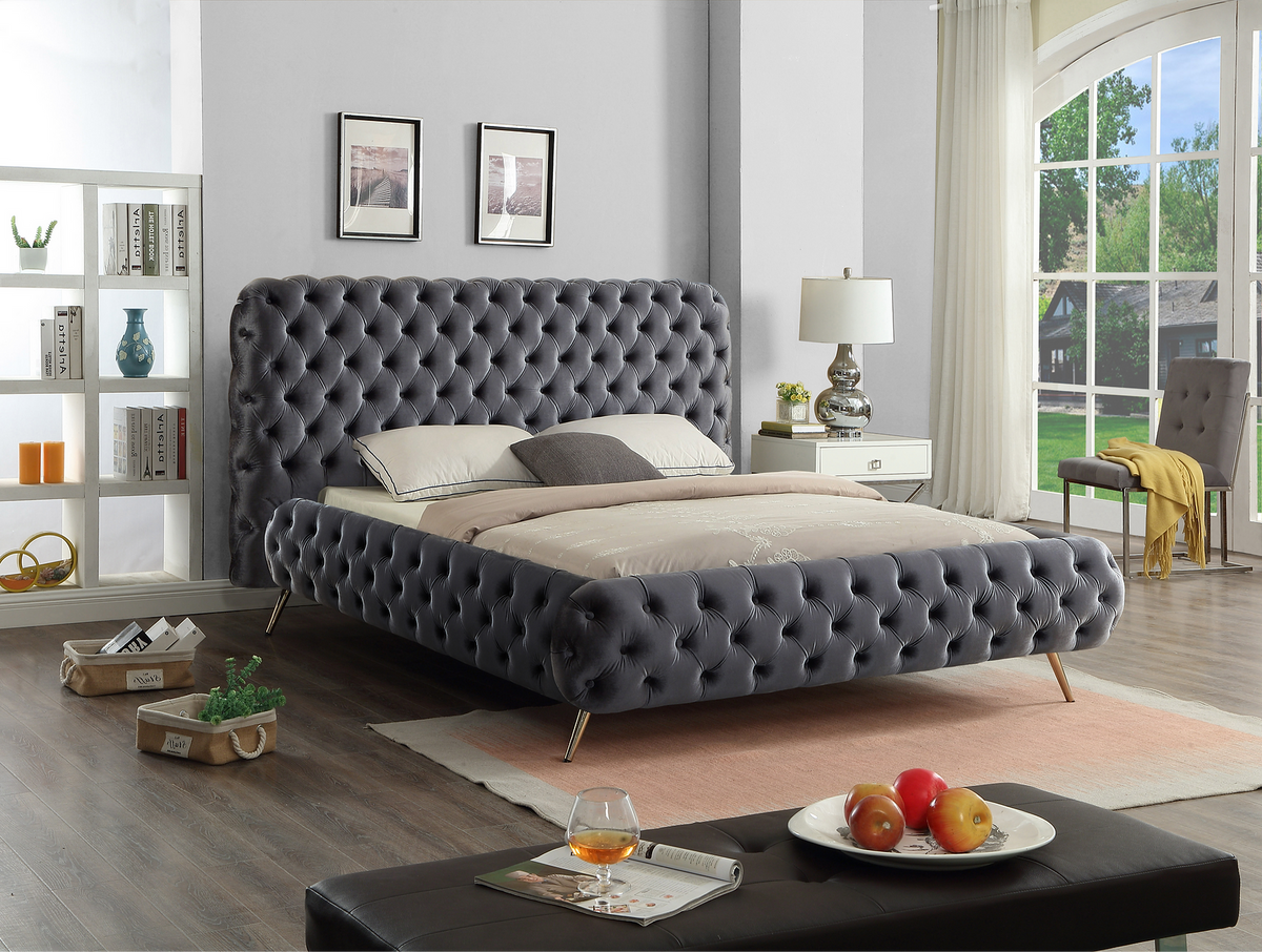 IF-5865 Grey Velvet Tufted Platform Bed