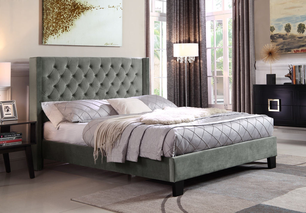 Jia Grey Fabric Tufted Platform Bed