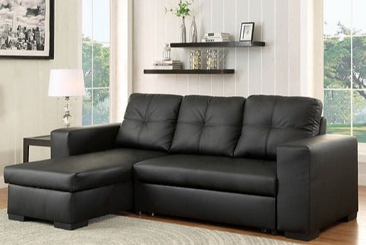 IF-9032 Black PU Sofa Bed Reversible Sectional w/ Storage