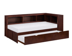 Rowe Cherry Wood Trundle Bed w/ Pull Out Bed & Bookcase