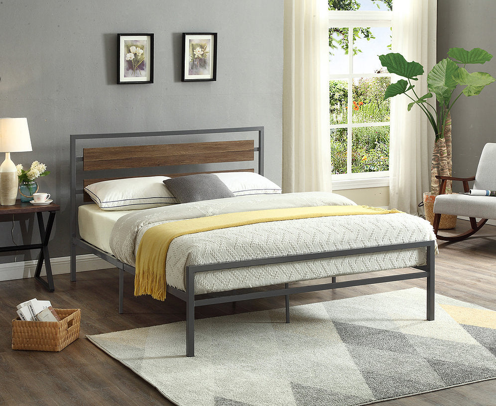 IF-5250 Grey Steel Platform Bed w/ Wood Panel