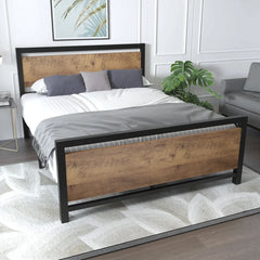 IF-5260 Black Steel Platform Bed w/ Brown Wooden Panels