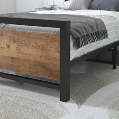 IF-5260 Black Steel Platform Bed w/ Brown Wooden Panels