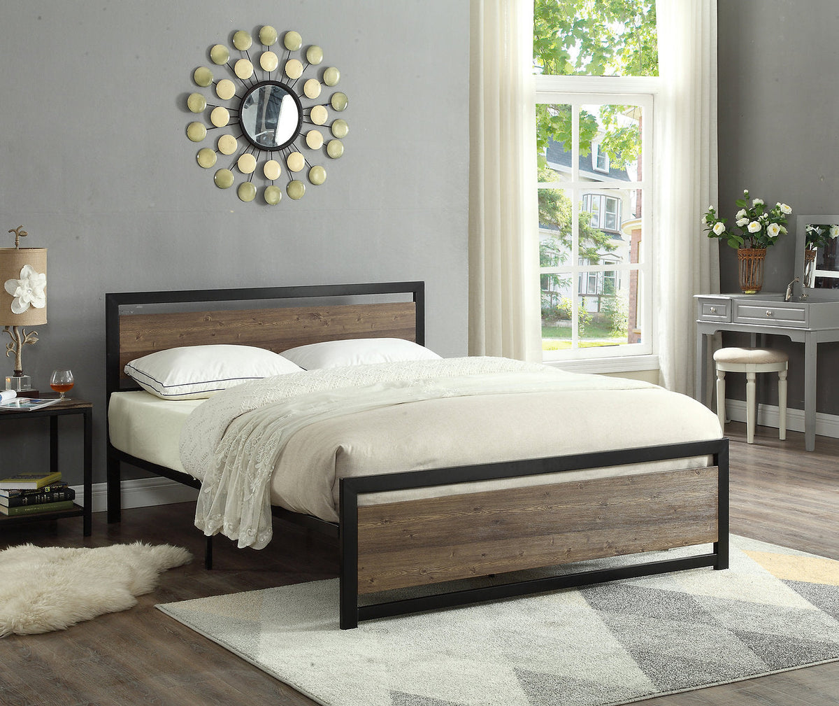 IF-5260 Black Steel Platform Bed w/ Brown Wooden Panels