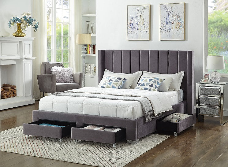 IF-5310 Grey Velvet Platform Bed w/ Storage Drawers