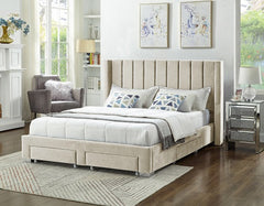 IF-5312 Creme Velvet Platform Bed w/ Storage Drawers