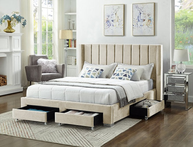 IF-5312 Creme Velvet Platform Bed w/ Storage Drawers