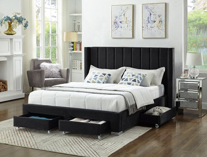 IF-5313 Black Velvet Platform Bed w/ Storage Drawers