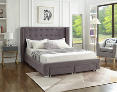 IF-5320 Grey Velvet Platform Bed w/ Storage Drawers