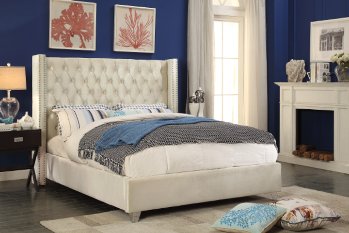 IF-5892 Creme Velvet Tufted Platform Bed