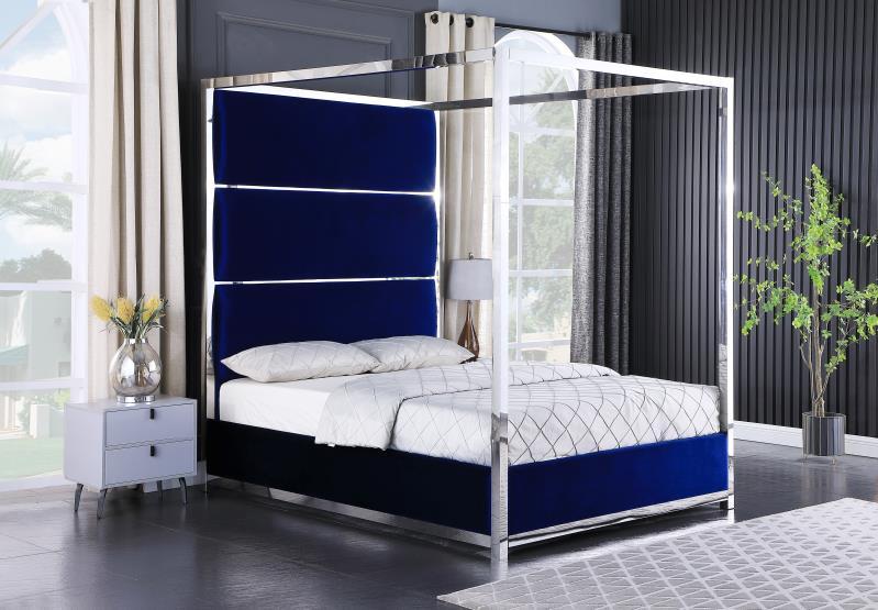 Madison Blue Velvet Tufted Platform Bed w/ Chrome Canopy