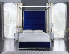 Madison Blue Velvet Tufted Platform Bed w/ Chrome Canopy