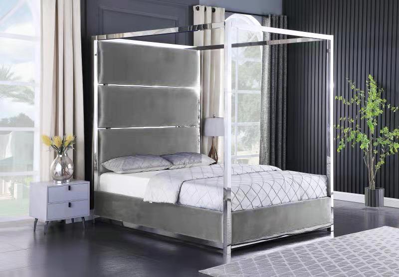 Madison Grey Velvet Tufted Platform Bed w/ Chrome Canopy