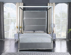 Madison Grey Velvet Tufted Platform Bed w/ Chrome Canopy