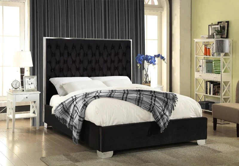 Violet Black Velvet Tufted Platform Bed