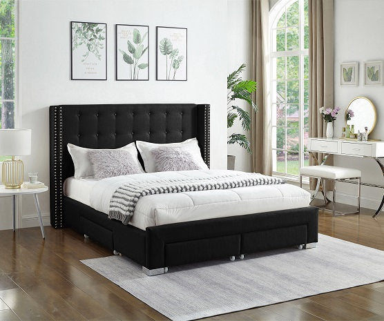 IF-5329 Black Fabric Platform Bed w/ Storage Drawers