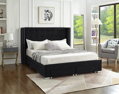 IF-5323 Black Velvet Platform Bed w/ Storage Drawers