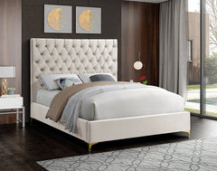 IF-5642 Creme Velvet Platform Bed w/ Chrome and Gold Feet