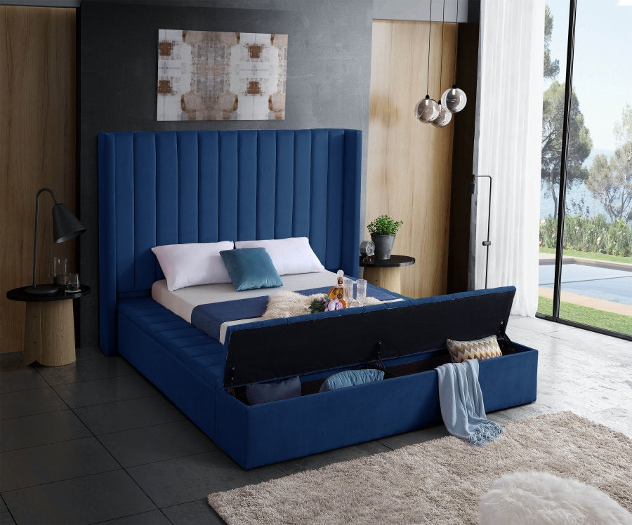 IF-5721 Blue Velvet Platform Bed w/ Benches