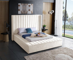 IF-5723 Creme Velvet Platform Bed w/ Benches