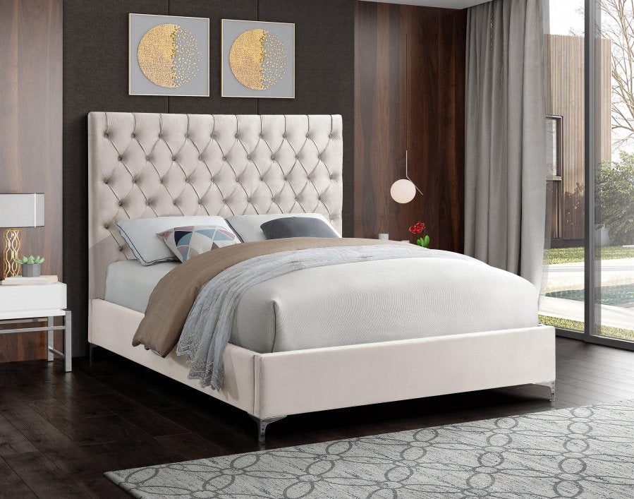 IF-5642 Creme Velvet Platform Bed w/ Chrome and Gold Feet