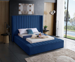 IF-5721 Blue Velvet Platform Bed w/ Benches