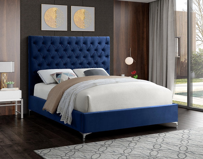 IF-5641 Blue Velvet Platform Bed w/ Chrome and Gold Feet