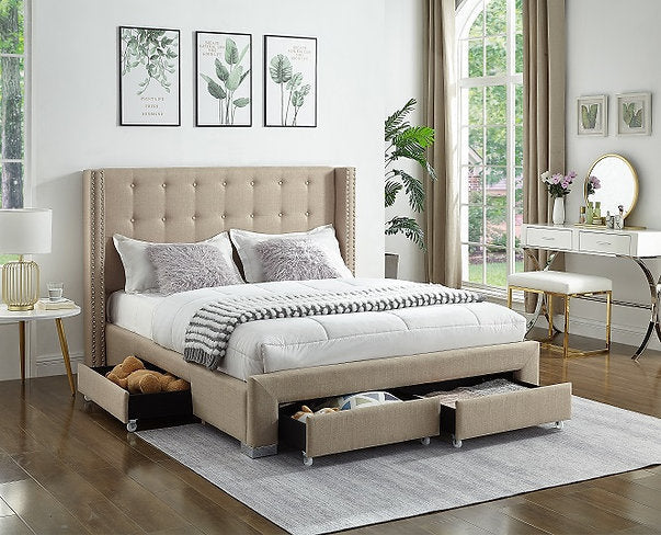 IF-5328 Beige Fabric Platform Bed w/ Storage Drawers