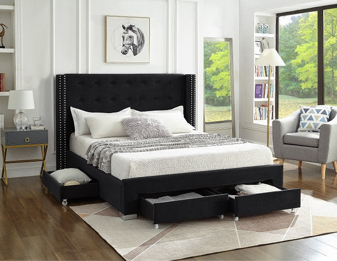 IF-5323 Black Velvet Platform Bed w/ Storage Drawers