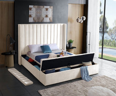 IF-5723 Creme Velvet Platform Bed w/ Benches