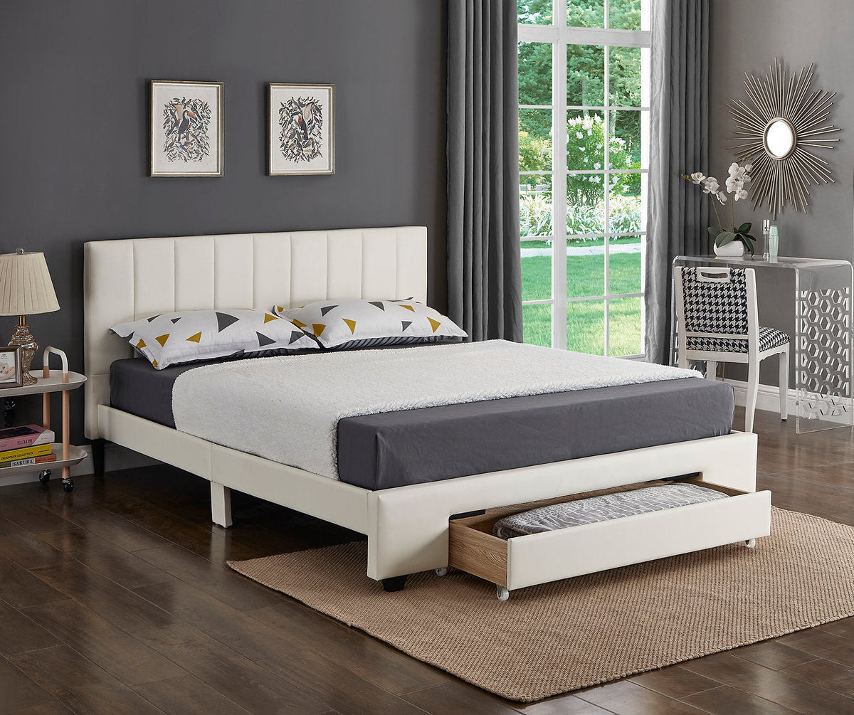 IF-5482 White PU Platform Bed w/ Storage Drawer