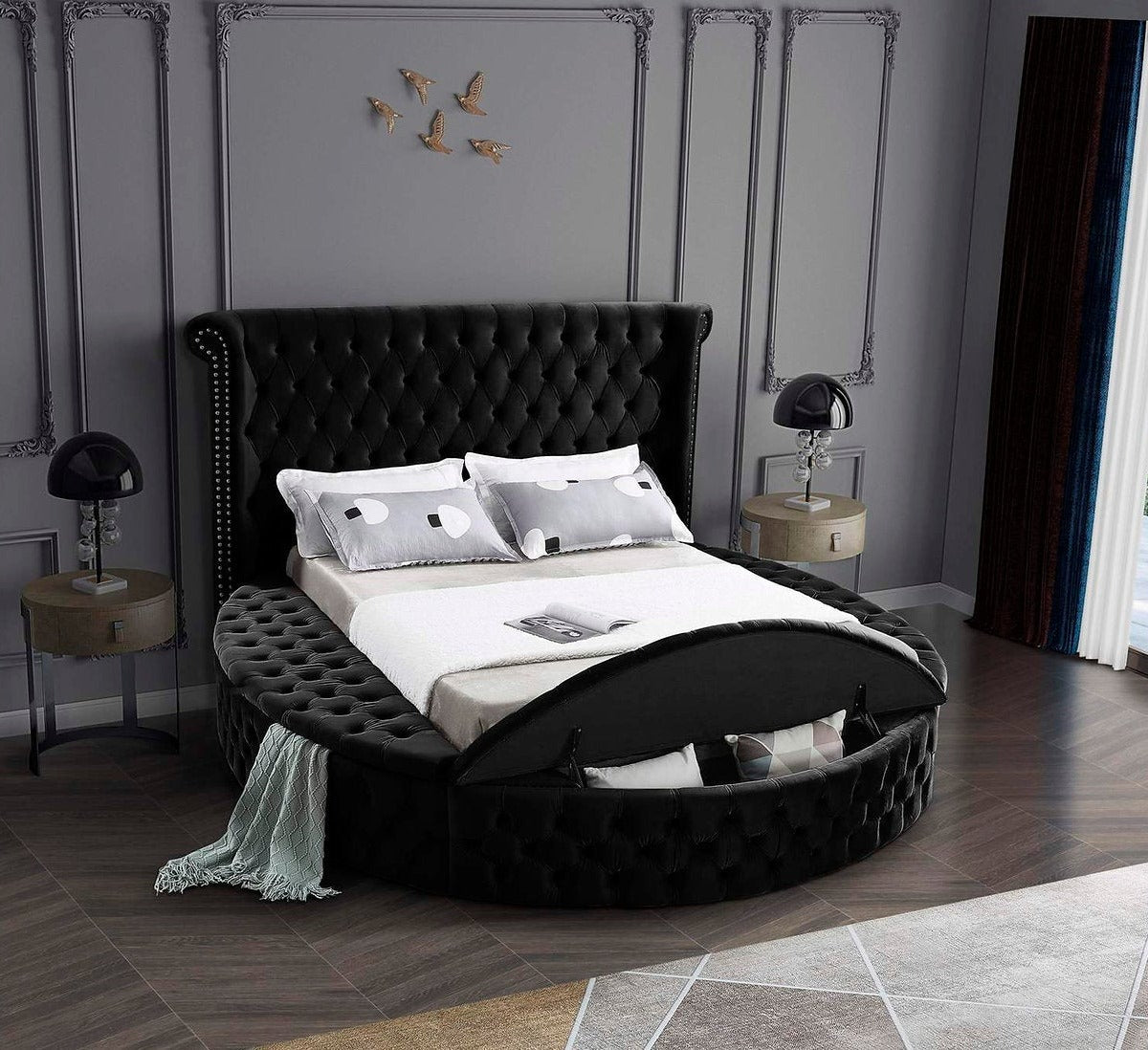 IF-5773 Black Velvet Platform Bed w/ Benches