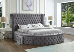 IF-5770 Grey Velvet Platform Bed w/ Benches