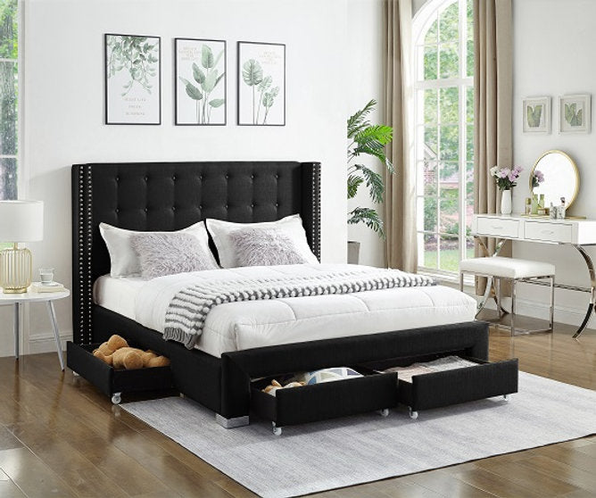 IF-5329 Black Fabric Platform Bed w/ Storage Drawers