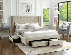 IF-5322 Creme Velvet Platform Bed w/ Storage Drawers