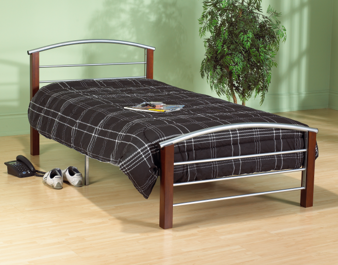 IF-127 Silver Steel Platform Bed w/ Dark Cherry Posts