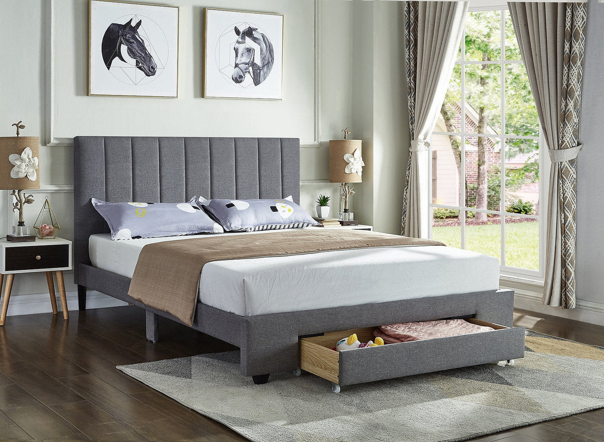 IF-5483 Grey Fabric Platform Bed w/ Storage Drawer