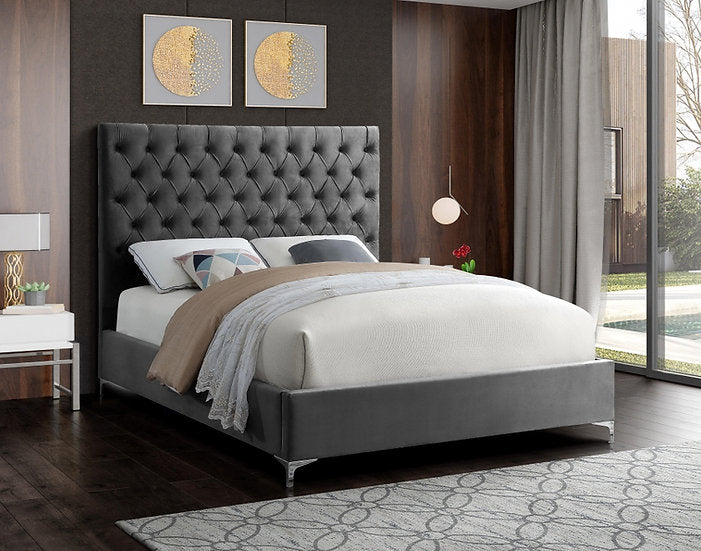 IF-5640 Grey Velvet Platform Bed w/ Chrome and Gold Feet