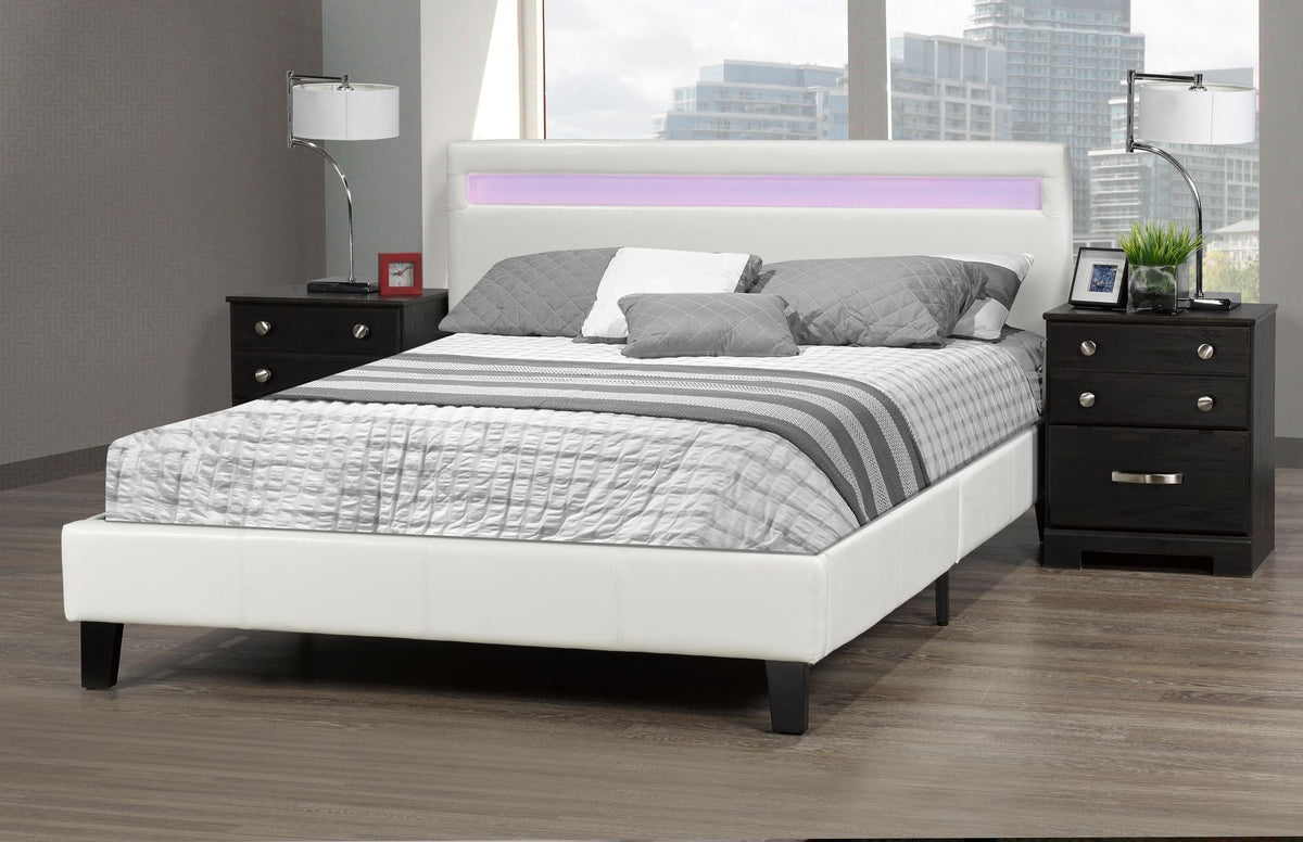 Dhara White PU Platform Bed w/ LED Headboard